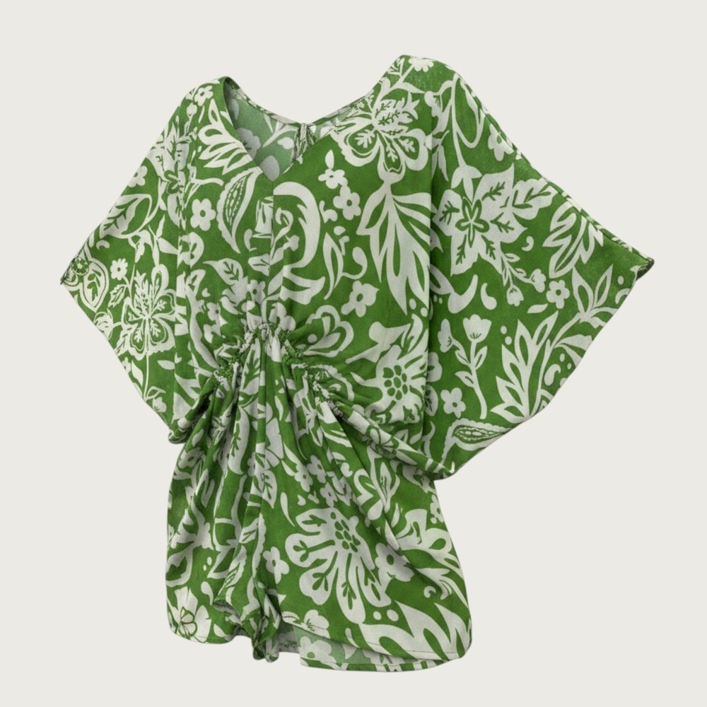 Cookies Clothing Hawaii Floral Romper Women OS Green Tropical Kimono Sleeve VTG